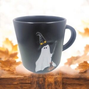 Pottery Barn Halloween Scary Squad Black Mug Ghost With Bats and Broom Ceramic